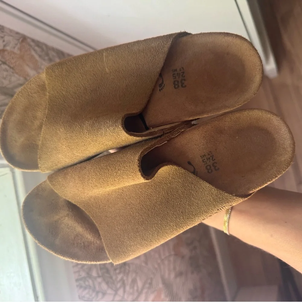 Papillio Suede Wedge Slide Sandals in Camel Brown